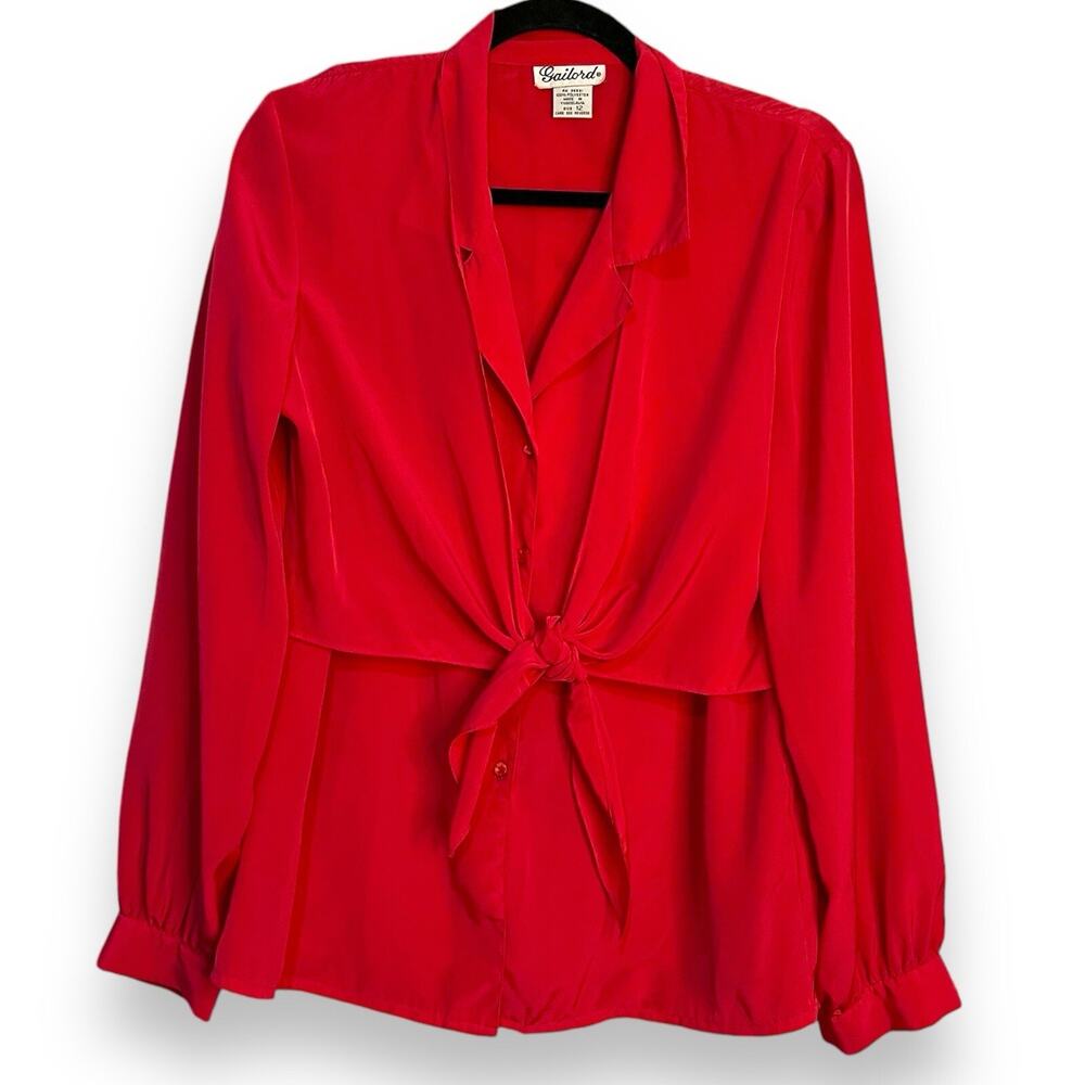 Gailord Button Up Tie Front Blouse Womens 12 Pink Vintage Lightweight Modest Top